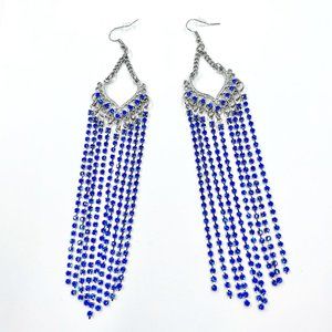 NWT - Charming Charlie - Blue Rhinestone Silver Tone Long Chandelier Earrings